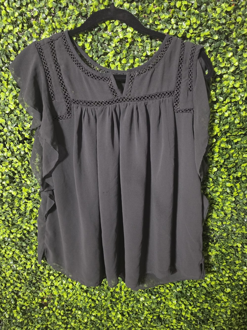 Black Flutter Sleeve Crochet Yoke Top Women's